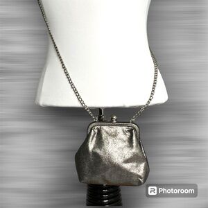 Hobo Libby Crossbody Bag, Long Silver Chain, Metallic on Black Leather Like New